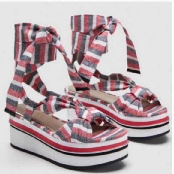 🖤 NWT - Striped Ankle Lace Up Tie Platform Sandals - Picture 2 of 8